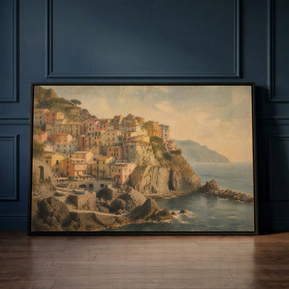 Pastel houses stacked on a cliff above a small harbour with boats at Manarola, Italy, wall art print