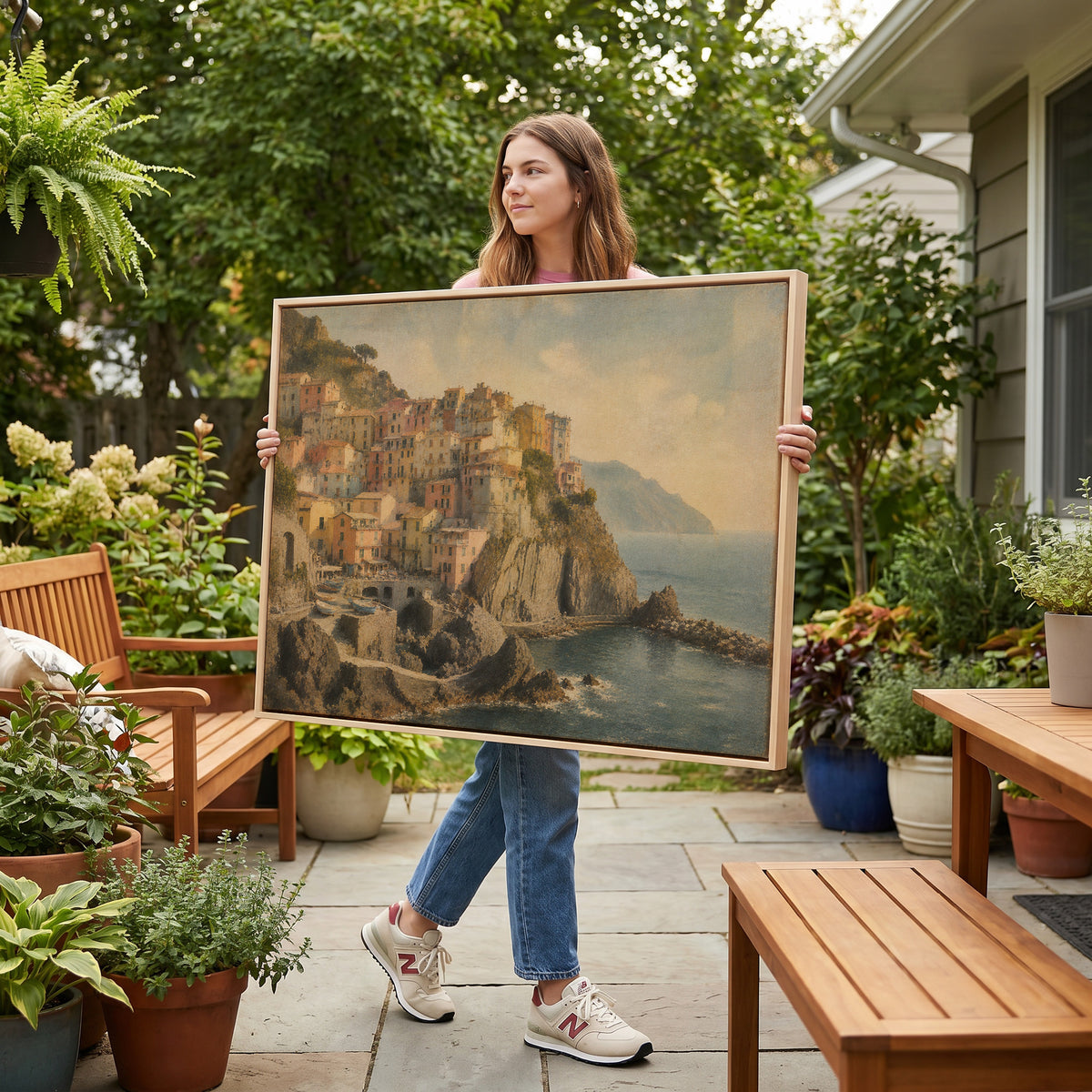 Italy canvas wall art showing pastel houses stacked on a cliff above a small harbour with boats at Manarola, Italy