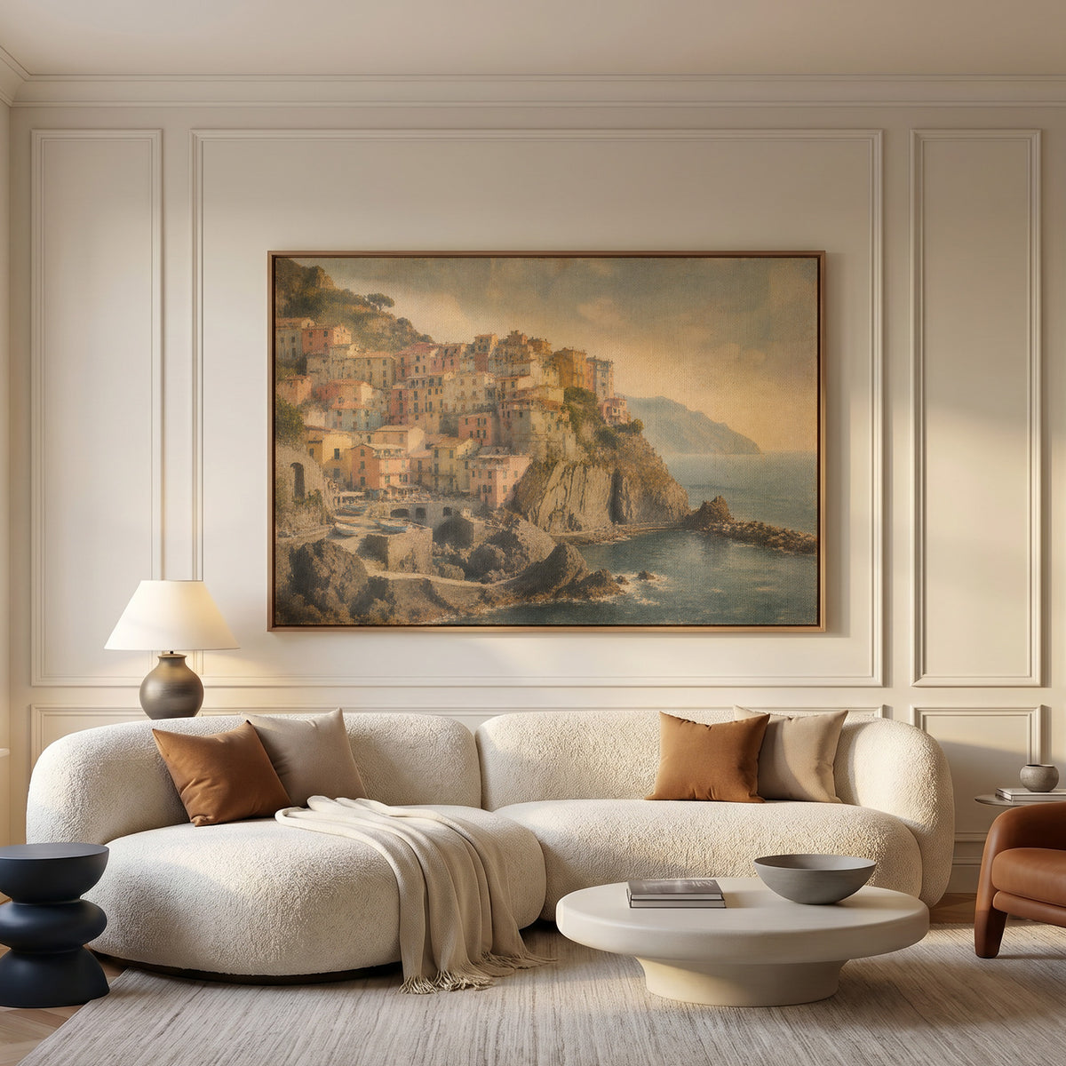 Italian coast canvas wall art showing pastel houses stacked on a cliff above a small harbour with boats at Manarola, Italy