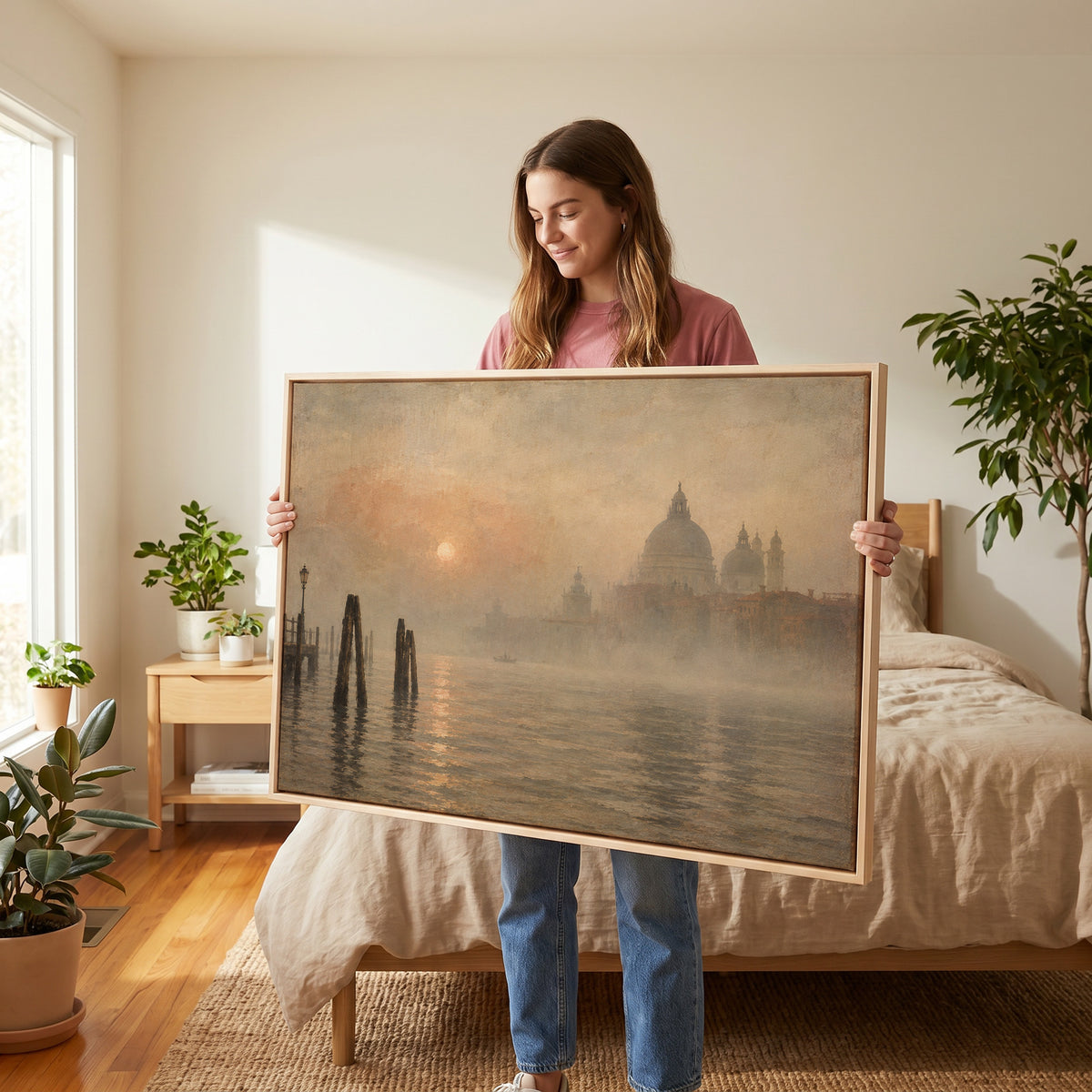 Basilica canvas wall art showing the domed basilica of Santa Maria della Salute in fog beyond leaning mooring poles in Venice