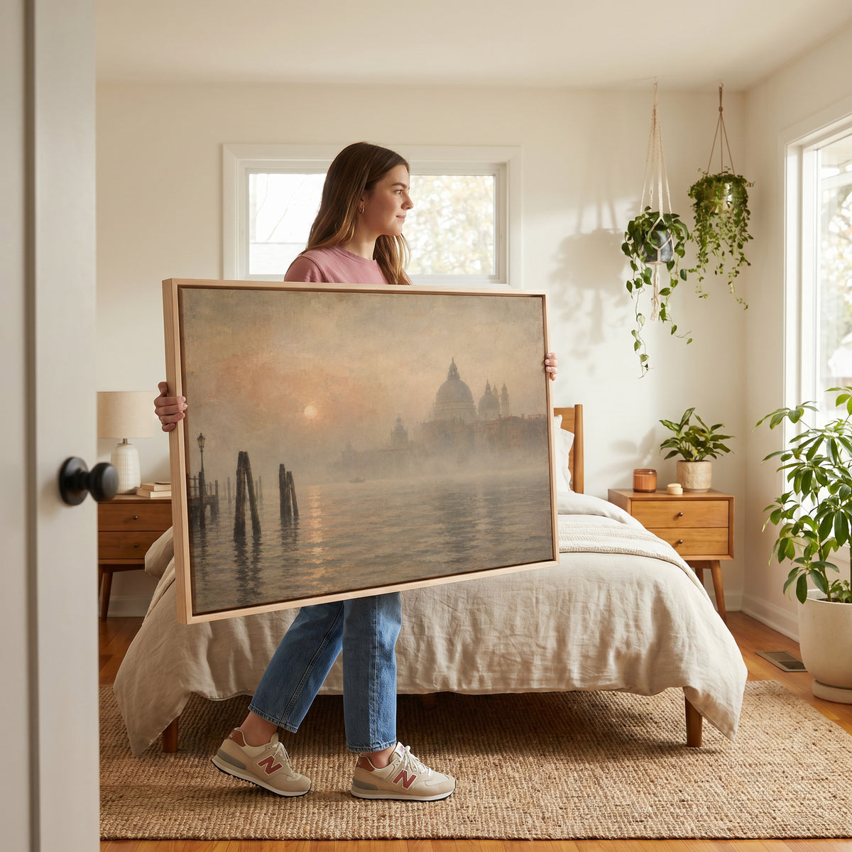 The domed basilica of Santa Maria della Salute in fog beyond leaning mooring poles in Venice, canvas art print