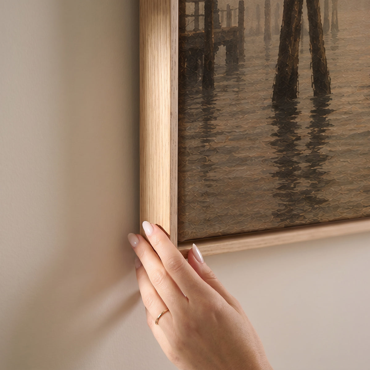 The domed basilica of Santa Maria della Salute in fog beyond leaning mooring poles in Venice, horizontal canvas print