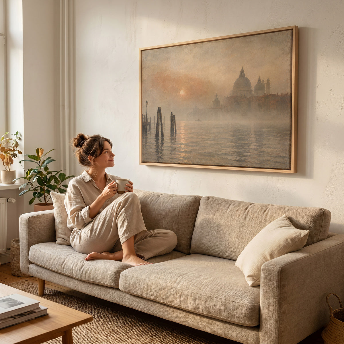 Italian art canvas wall art showing the domed basilica of Santa Maria della Salute in fog beyond leaning mooring poles in Venice