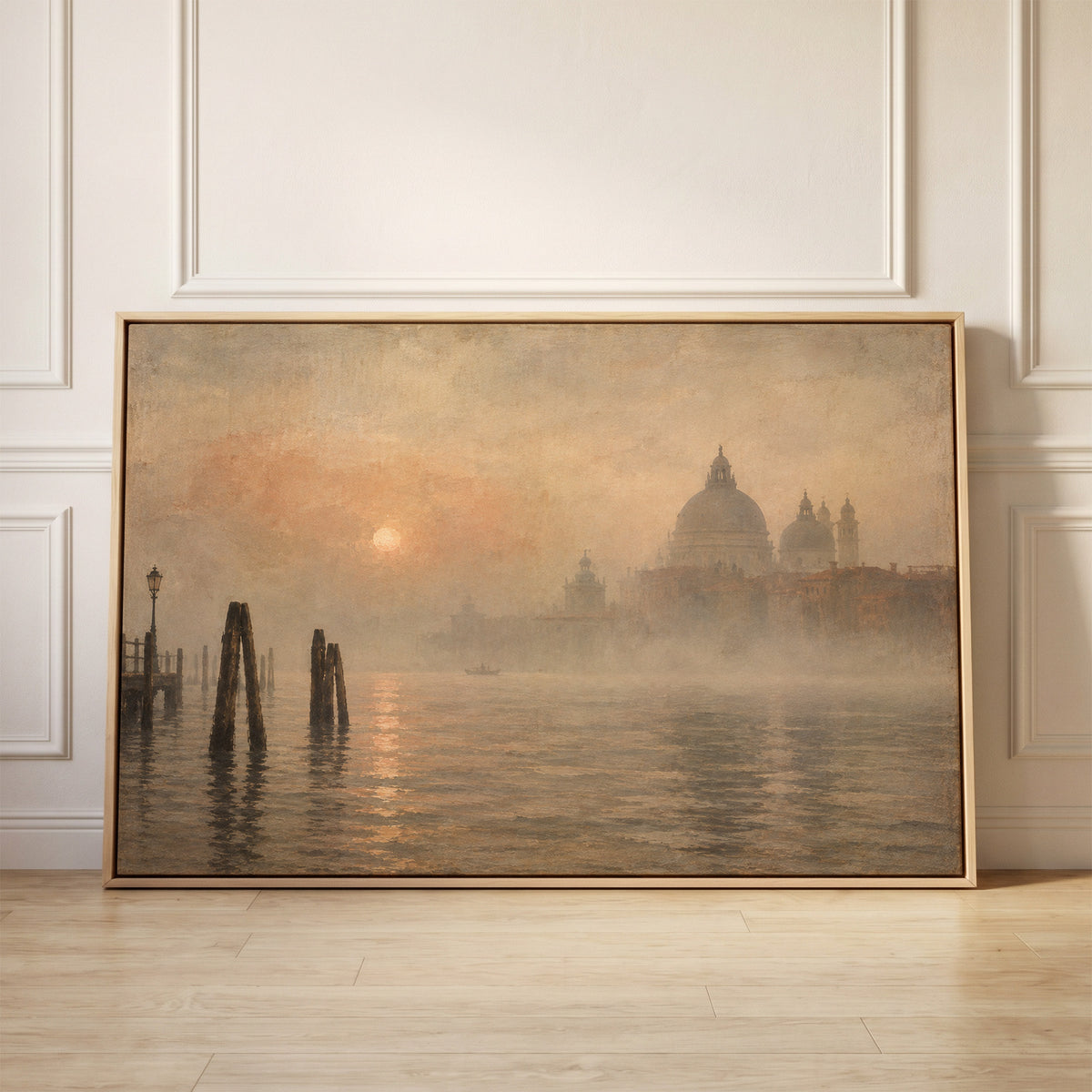 The domed basilica of Santa Maria della Salute in fog beyond leaning mooring poles in Venice, canvas wall art