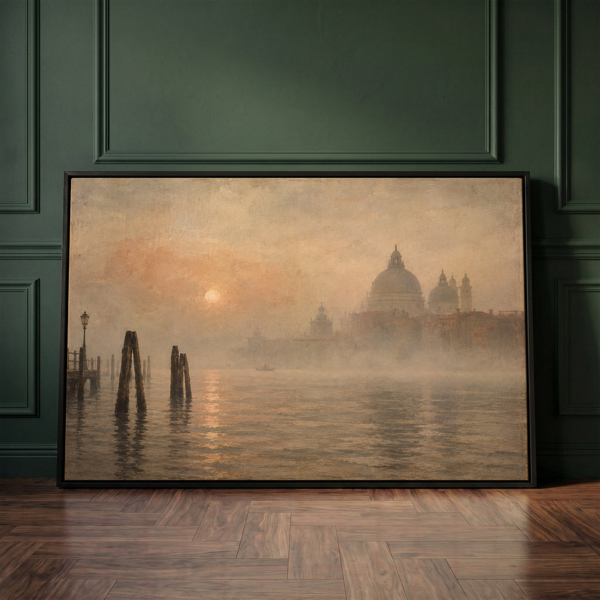 Europe canvas wall art showing the domed basilica of Santa Maria della Salute in fog beyond leaning mooring poles in Venice