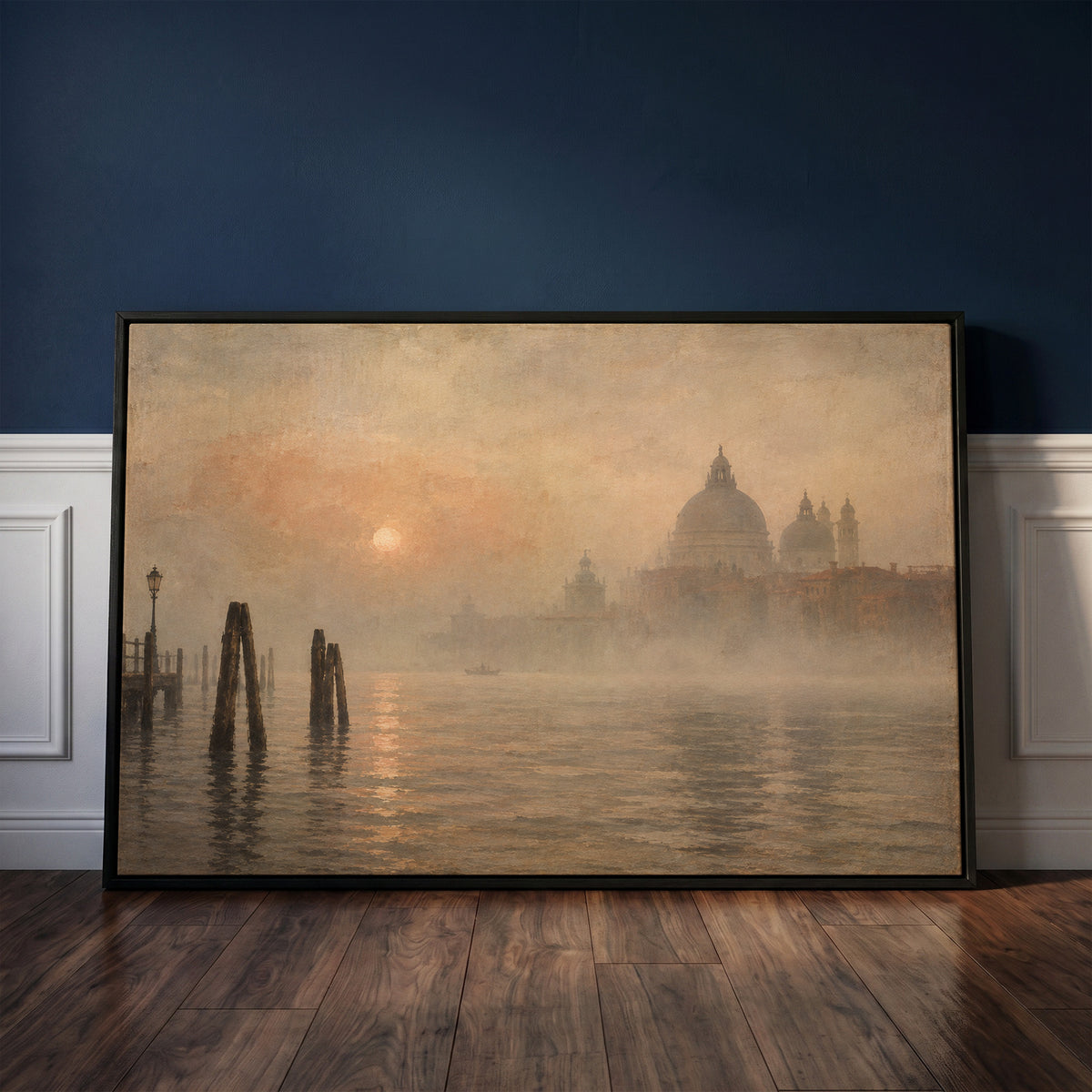 Architecture canvas wall art showing the domed basilica of Santa Maria della Salute in fog beyond leaning mooring poles in Venice