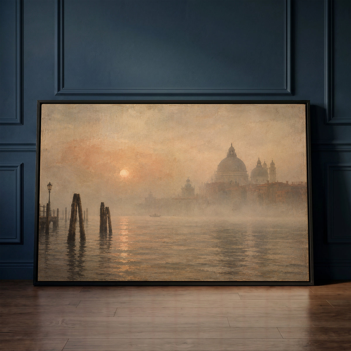 Moody landscape canvas wall art showing the domed basilica of Santa Maria della Salute in fog beyond leaning mooring poles in Venice