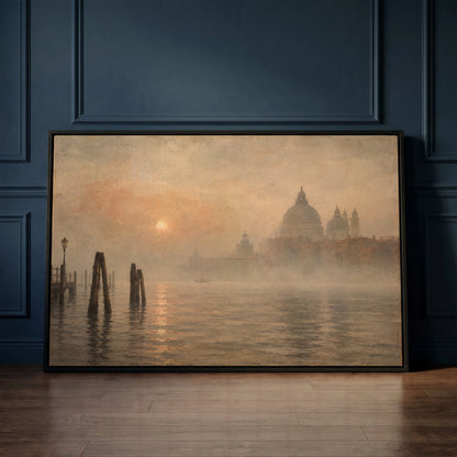 Moody landscape canvas wall art showing the domed basilica of Santa Maria della Salute in fog beyond leaning mooring poles in Venice