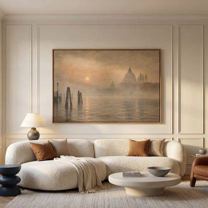 Travel canvas wall art showing the domed basilica of Santa Maria della Salute in fog beyond leaning mooring poles in Venice