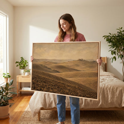 Rolling ploughed Tuscan clay hills with a farmhouse and cypress trees on a distant ridge, canvas art print
