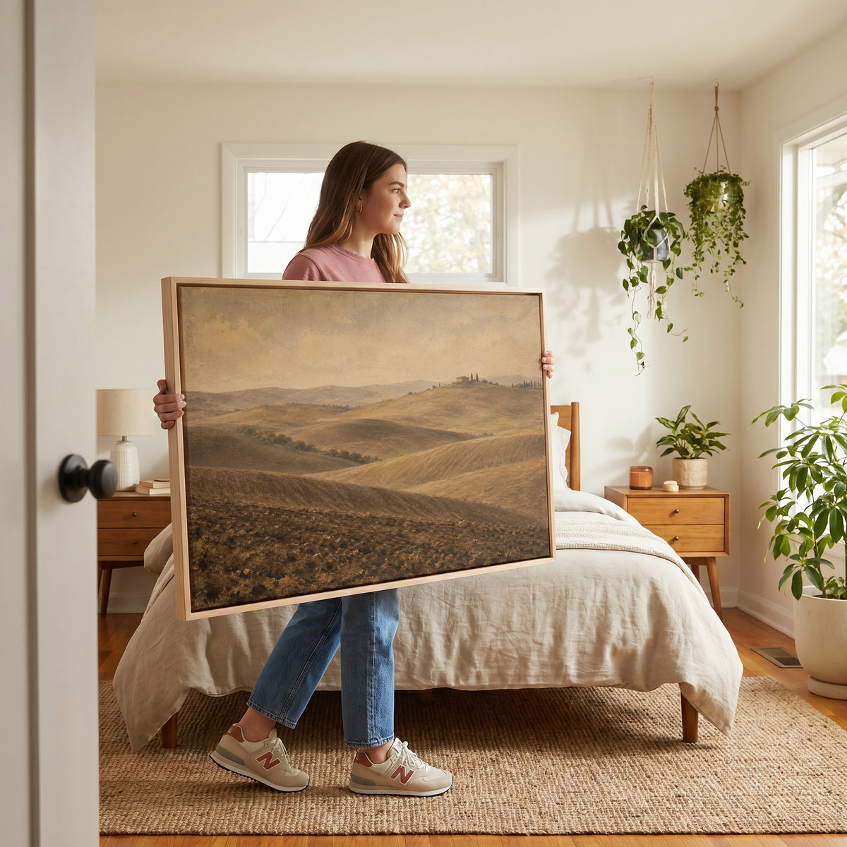 Italian landscape canvas wall art showing rolling ploughed Tuscan clay hills with a farmhouse and cypress trees on a distant ridge