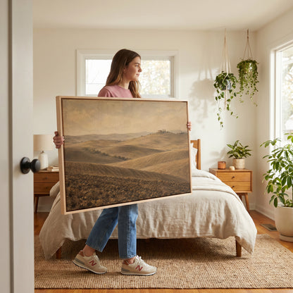 Italian landscape canvas wall art showing rolling ploughed Tuscan clay hills with a farmhouse and cypress trees on a distant ridge