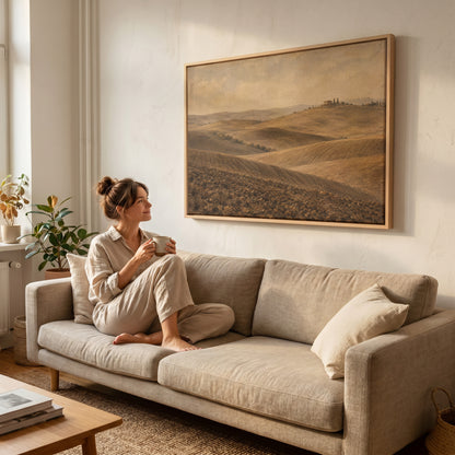 Crete senesi canvas wall art showing rolling ploughed Tuscan clay hills with a farmhouse and cypress trees on a distant ridge