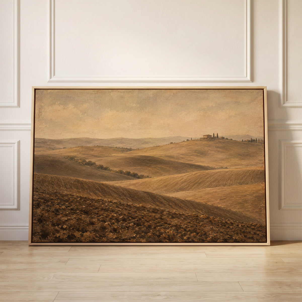 Rolling ploughed Tuscan clay hills with a farmhouse and cypress trees on a distant ridge, canvas wall art