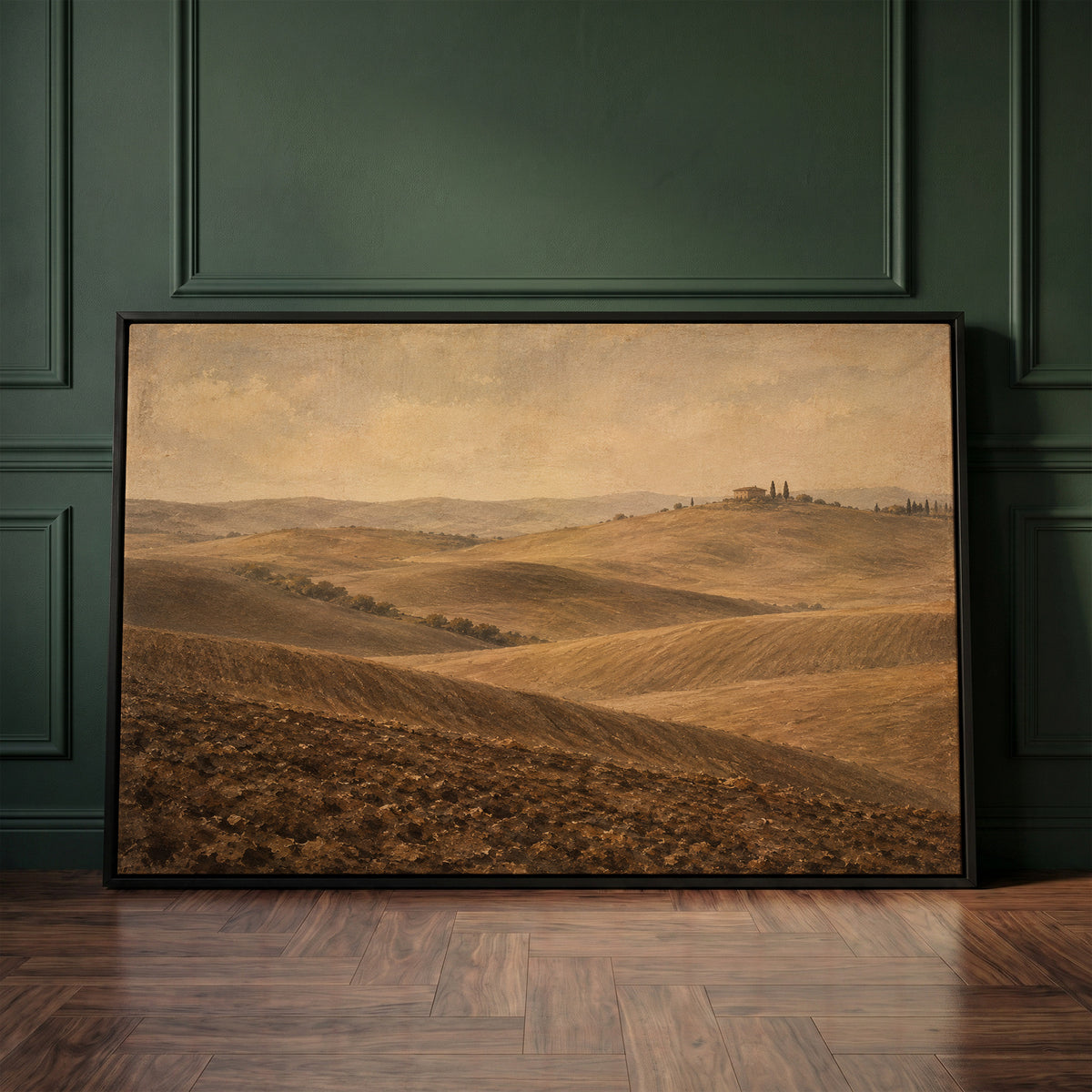 Travel canvas wall art showing rolling ploughed Tuscan clay hills with a farmhouse and cypress trees on a distant ridge