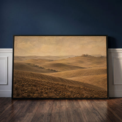 Europe canvas wall art showing rolling ploughed Tuscan clay hills with a farmhouse and cypress trees on a distant ridge