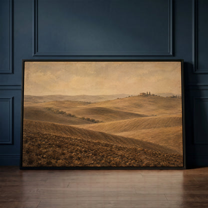 Italy canvas wall art showing rolling ploughed Tuscan clay hills with a farmhouse and cypress trees on a distant ridge