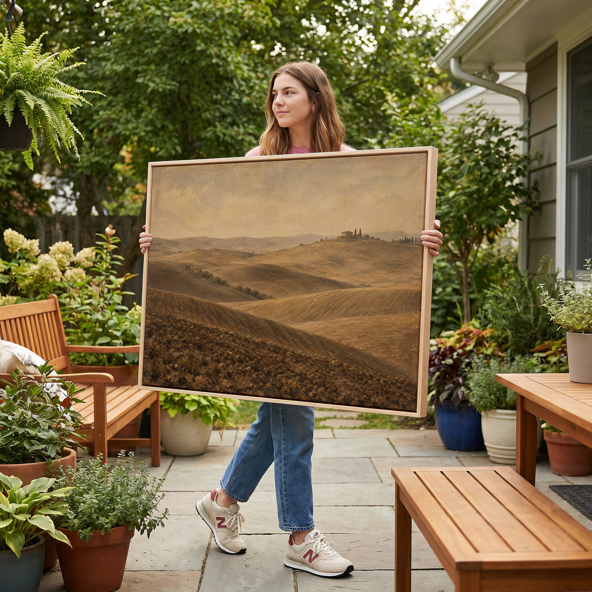 Countryside canvas wall art showing rolling ploughed Tuscan clay hills with a farmhouse and cypress trees on a distant ridge