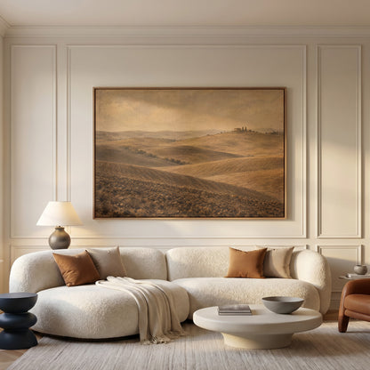 Tuscany canvas wall art showing rolling ploughed Tuscan clay hills with a farmhouse and cypress trees on a distant ridge