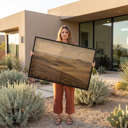 Cypress canvas wall art showing rolling ploughed Tuscan clay hills with a farmhouse and cypress trees on a distant ridge