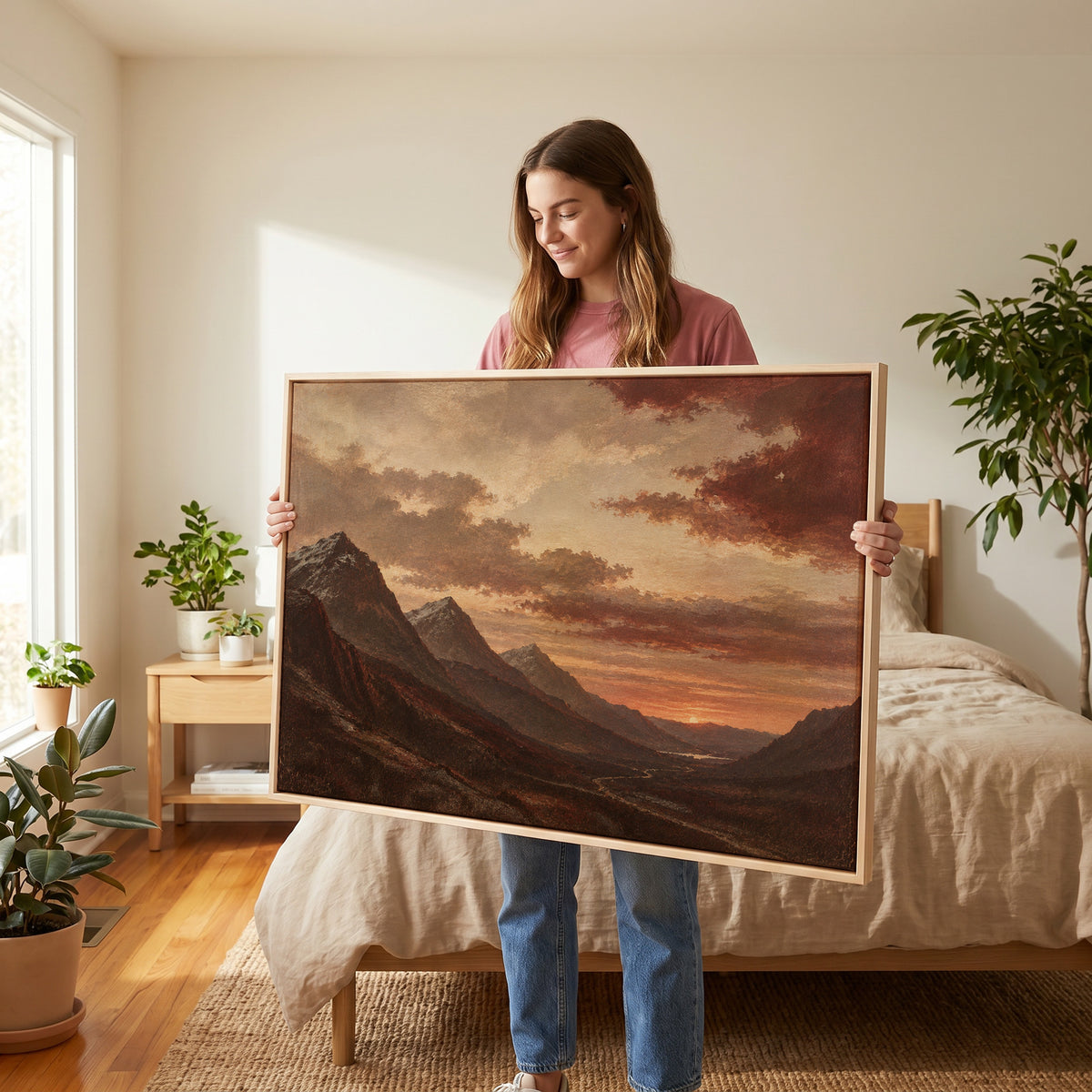 Valley oil painting canvas wall art showing sunset over a deep Highland valley with layered dark ridges and a winding road