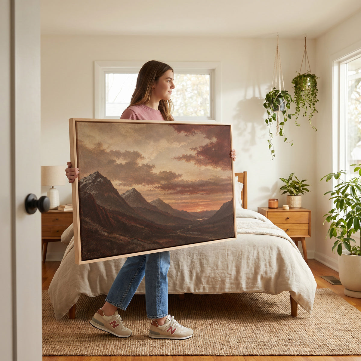 Sunset over a deep Highland valley with layered dark ridges and a winding road, canvas art print