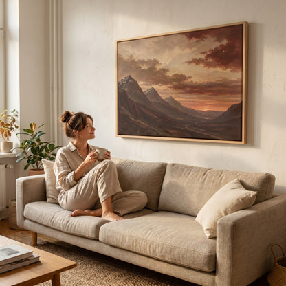 Mountain canvas canvas wall art showing sunset over a deep Highland valley with layered dark ridges and a winding road