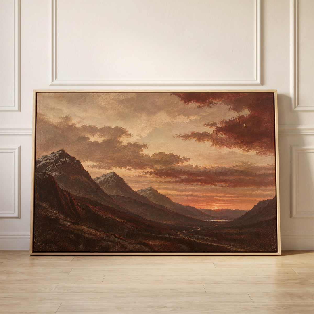 Sunset over a deep Highland valley with layered dark ridges and a winding road, canvas wall art