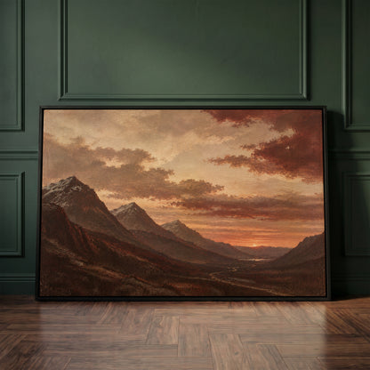Burgundy canvas wall art showing sunset over a deep Highland valley with layered dark ridges and a winding road