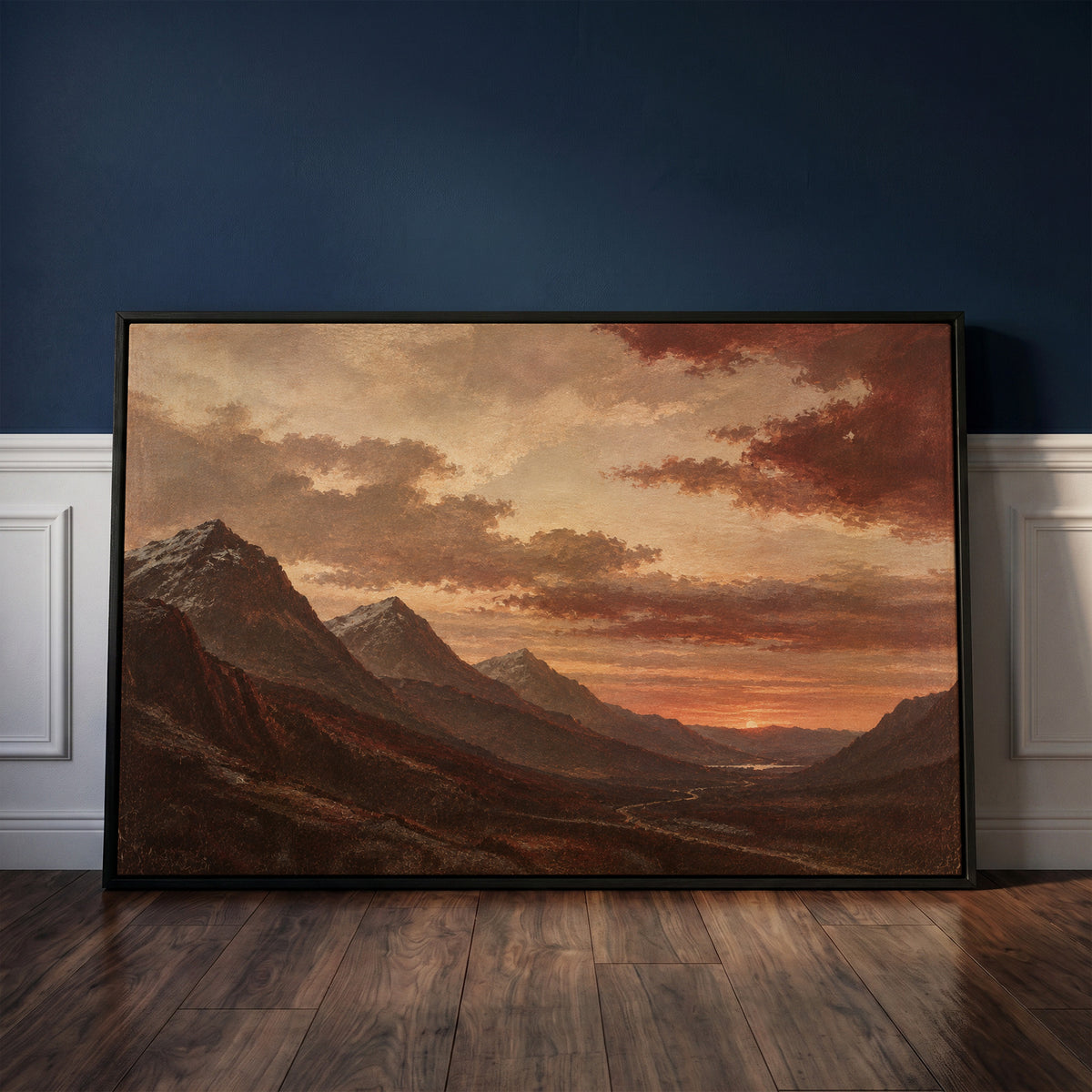 Sunset over a deep Highland valley with layered dark ridges and a winding road, canvas print