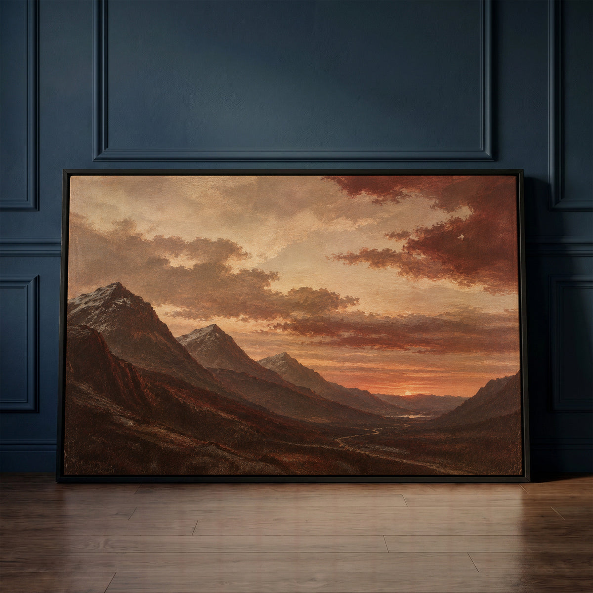 Scotland canvas wall art showing sunset over a deep Highland valley with layered dark ridges and a winding road