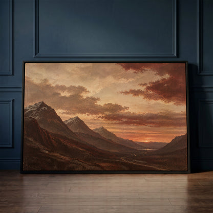 Scotland canvas wall art showing sunset over a deep Highland valley with layered dark ridges and a winding road