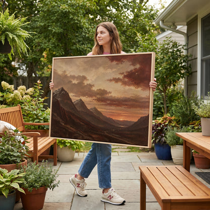 Moody landscape canvas wall art showing sunset over a deep Highland valley with layered dark ridges and a winding road