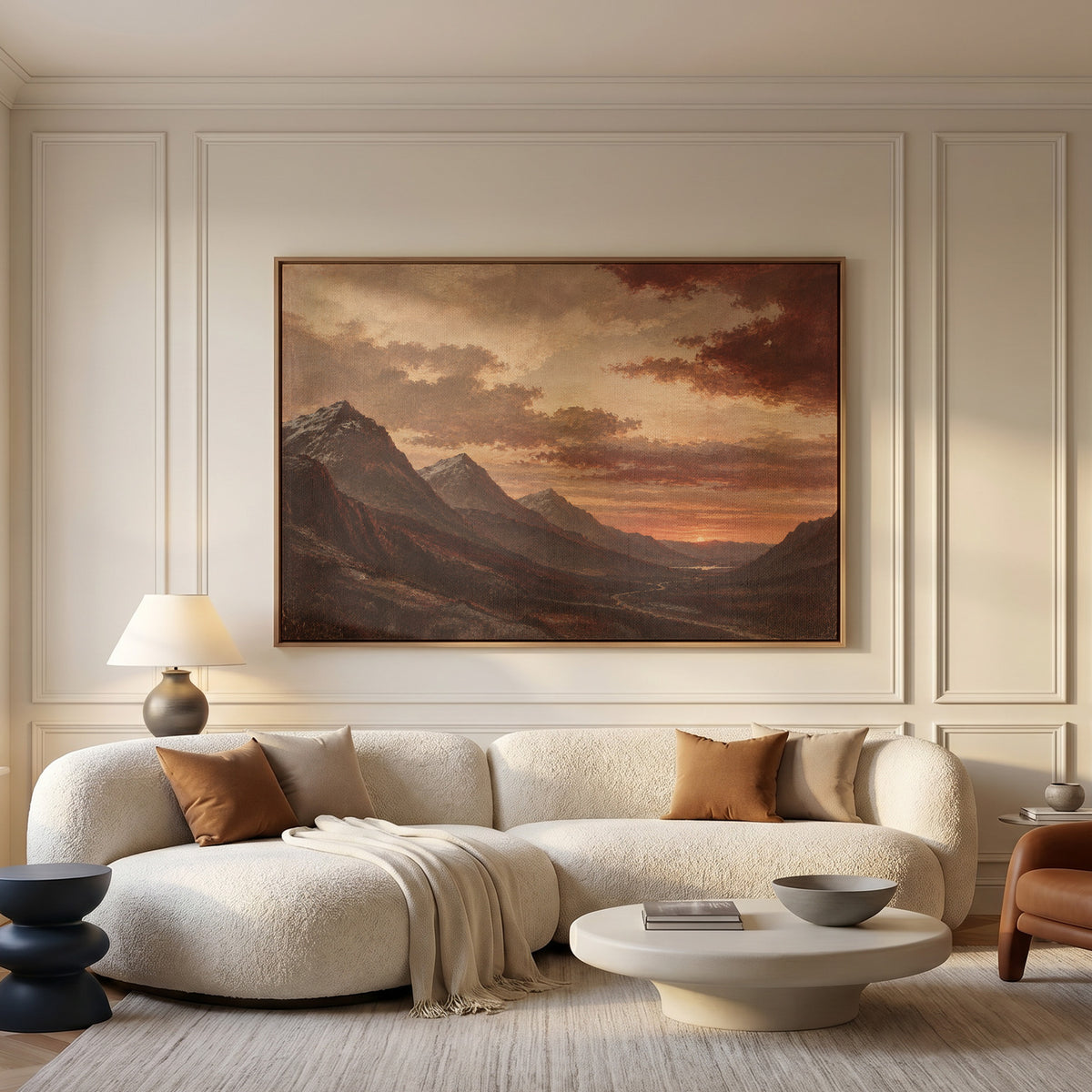 Highland landscape canvas wall art showing sunset over a deep Highland valley with layered dark ridges and a winding road