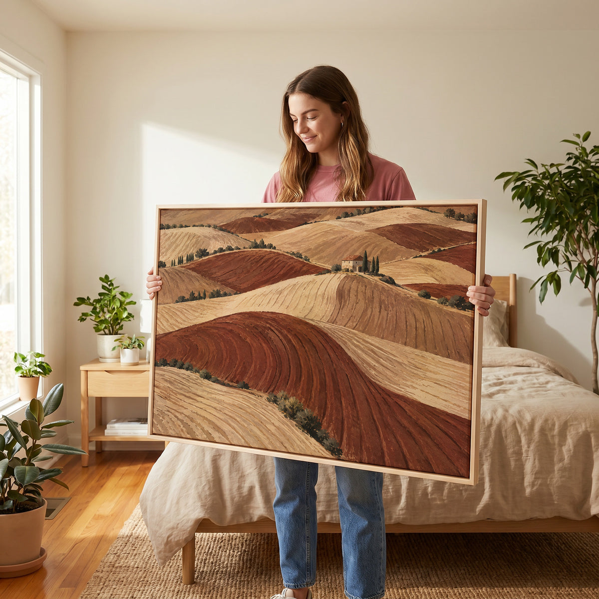 Earth tone canvas wall art showing rolling ploughed clay hills in red and cream with a small farmhouse on a distant ridge