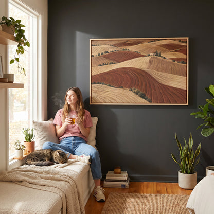 Rolling ploughed clay hills in red and cream with a small farmhouse on a distant ridge, canvas print