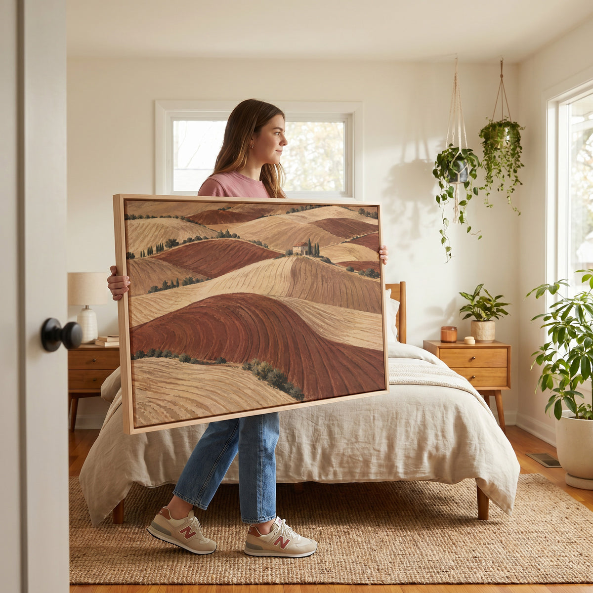 Rolling ploughed clay hills in red and cream with a small farmhouse on a distant ridge, canvas art print