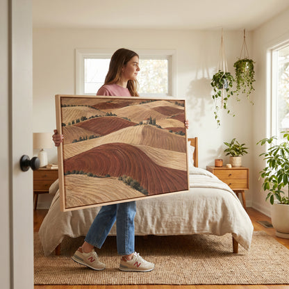 Rolling ploughed clay hills in red and cream with a small farmhouse on a distant ridge, canvas art print