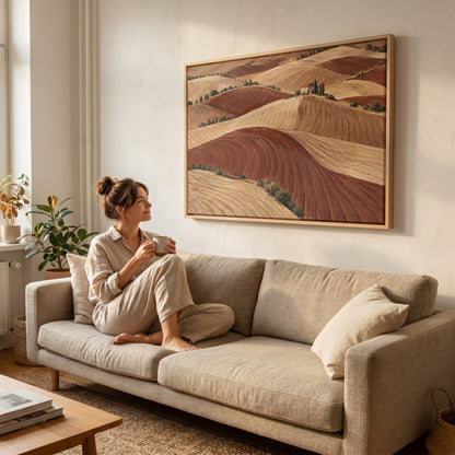 Tuscany canvas wall art showing rolling ploughed clay hills in red and cream with a small farmhouse on a distant ridge