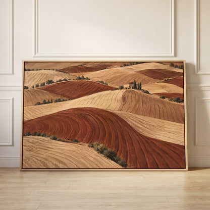Rolling ploughed clay hills in red and cream with a small farmhouse on a distant ridge, canvas wall art
