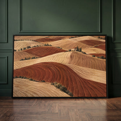 Mediterranean canvas wall art showing rolling ploughed clay hills in red and cream with a small farmhouse on a distant ridge