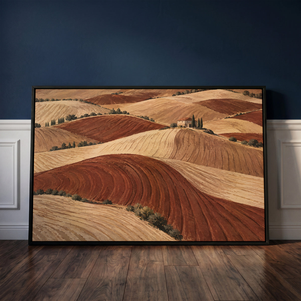 Rolling ploughed clay hills in red and cream with a small farmhouse on a distant ridge, wall art print