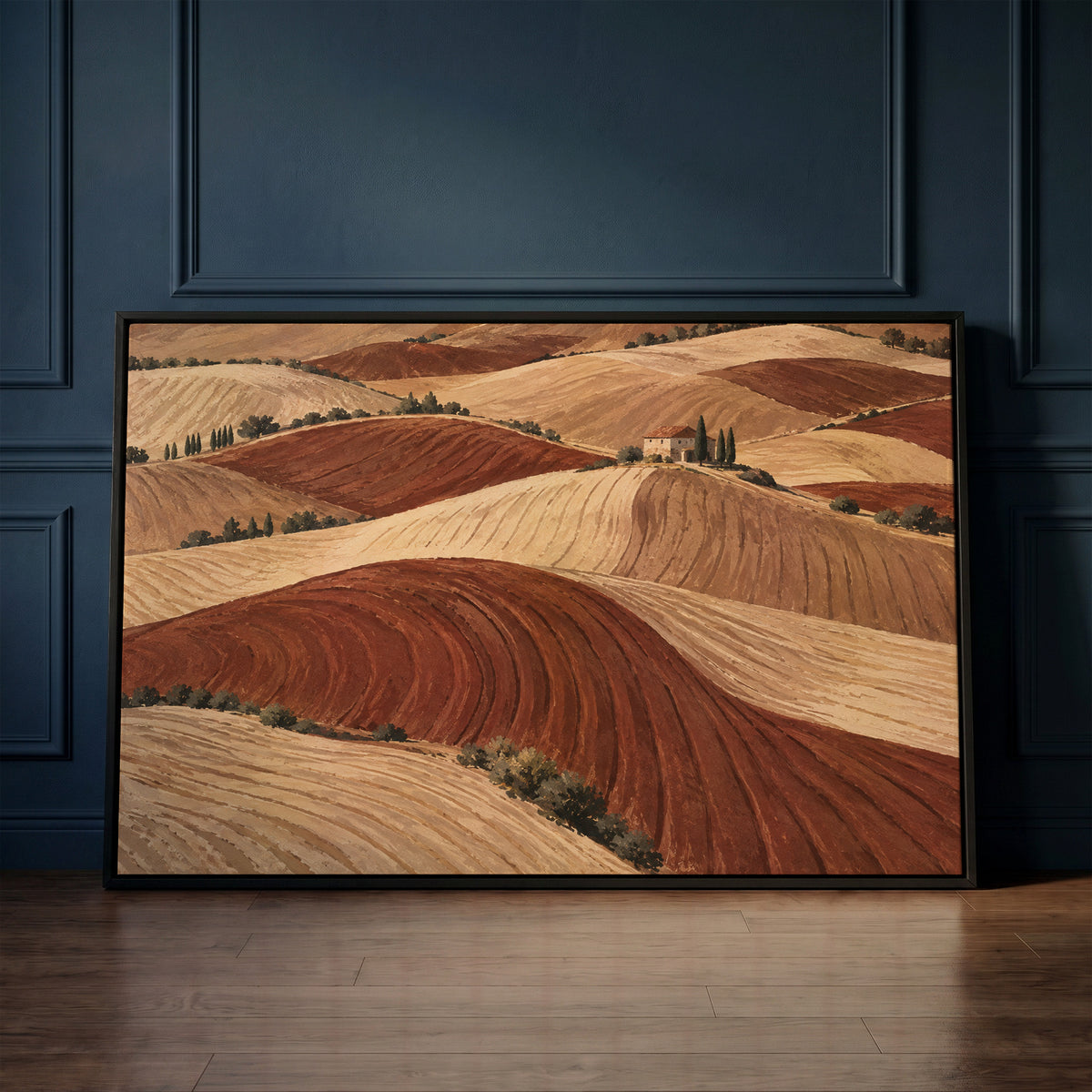 Rolling hills canvas wall art showing rolling ploughed clay hills in red and cream with a small farmhouse on a distant ridge