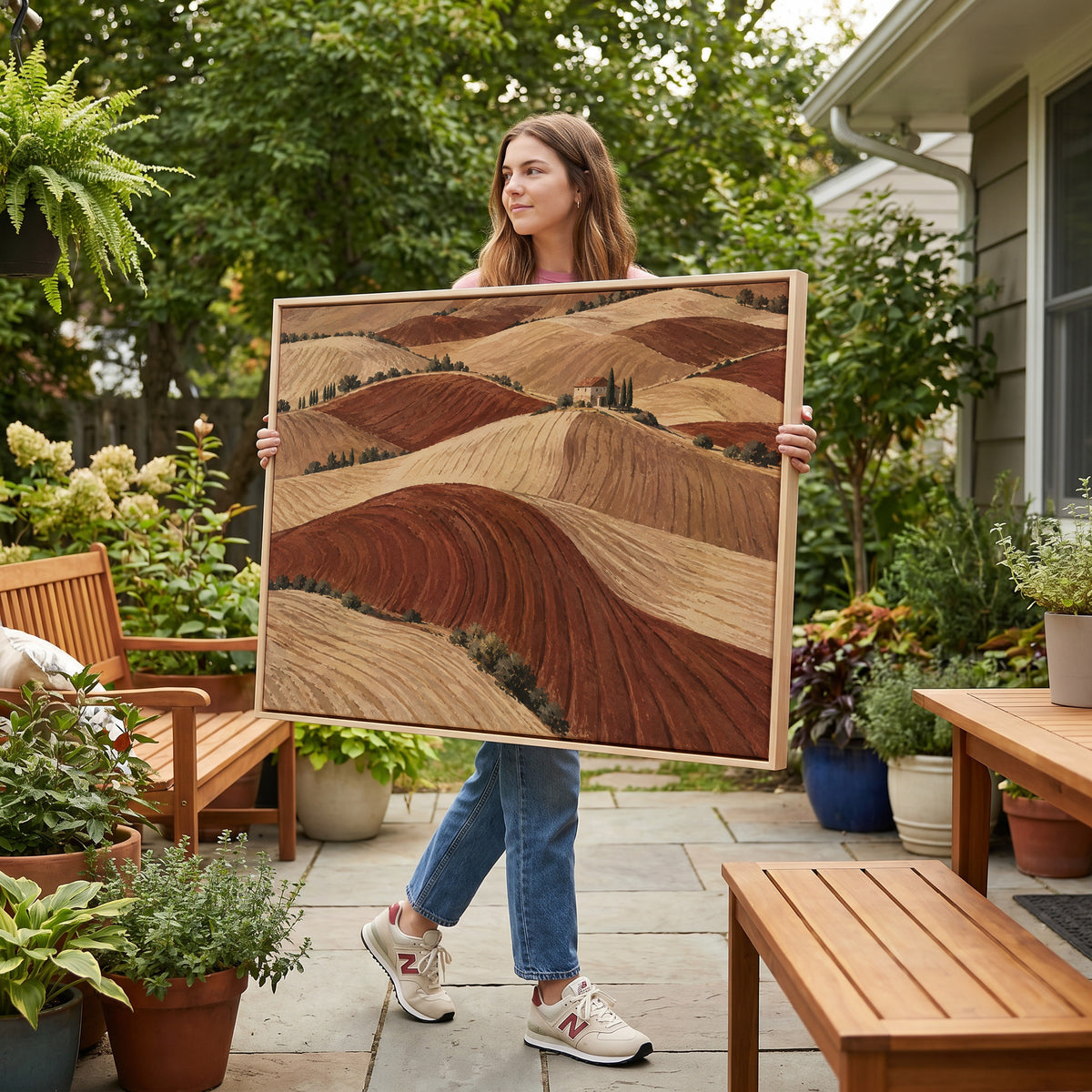 Crete senesi canvas wall art showing rolling ploughed clay hills in red and cream with a small farmhouse on a distant ridge