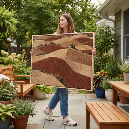 Crete senesi canvas wall art showing rolling ploughed clay hills in red and cream with a small farmhouse on a distant ridge