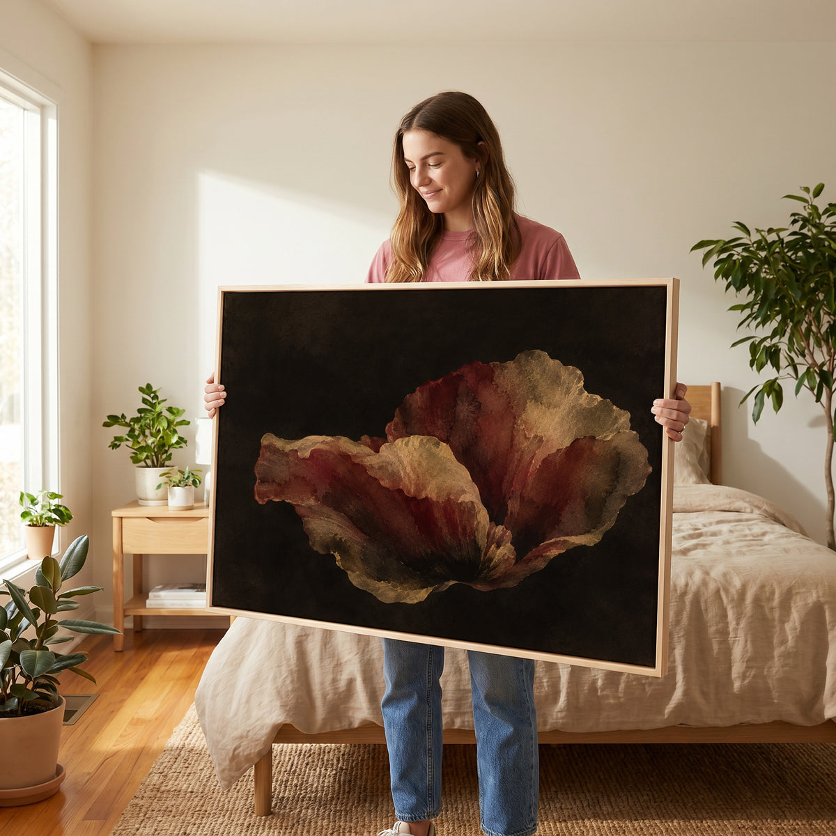 Single burgundy and gold poppy bloom floating on a near black background, canvas art print