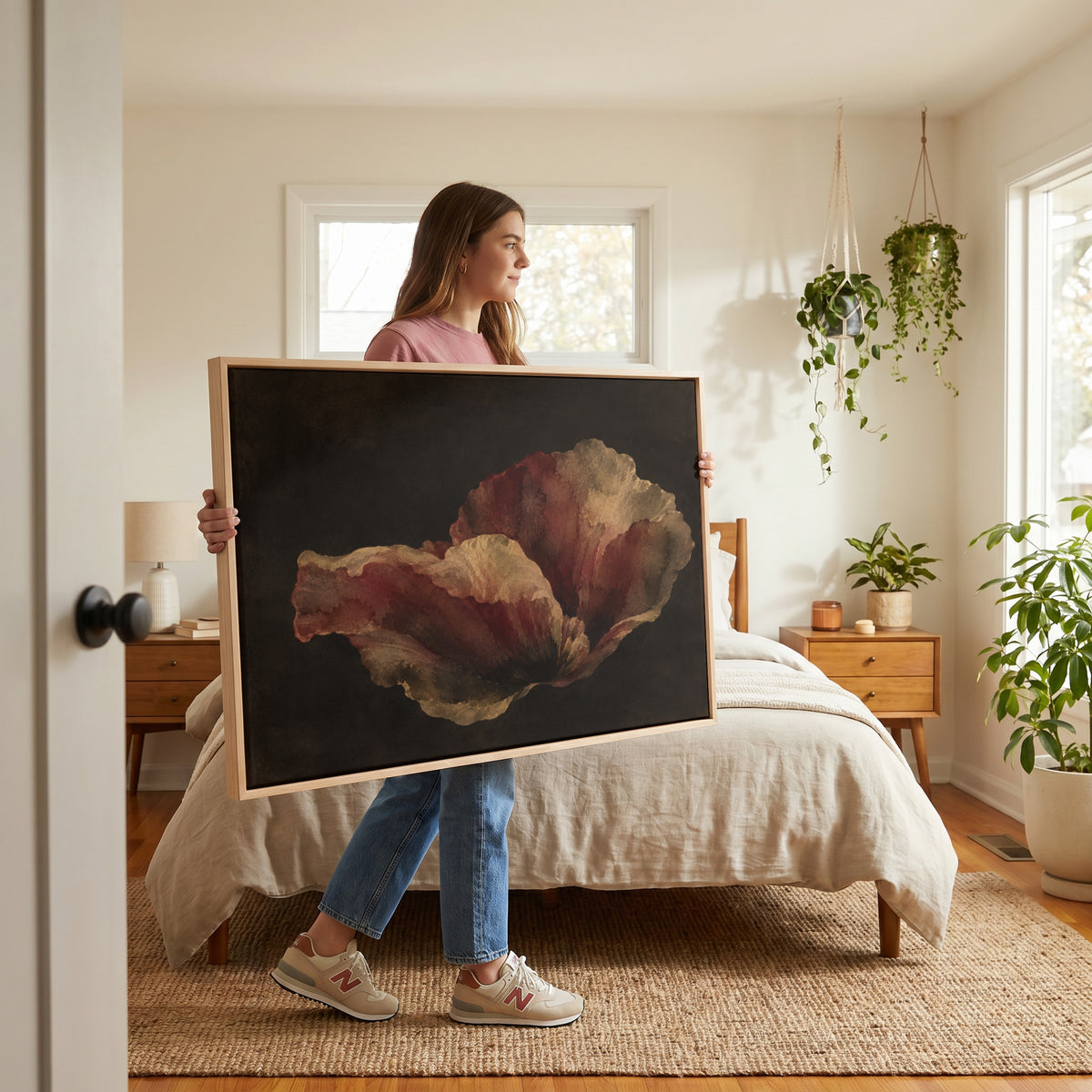 Dark botanical canvas wall art showing single burgundy and gold poppy bloom floating on a near black background