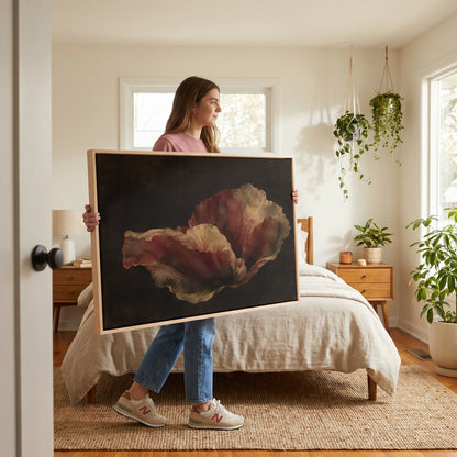 Dark botanical canvas wall art showing single burgundy and gold poppy bloom floating on a near black background