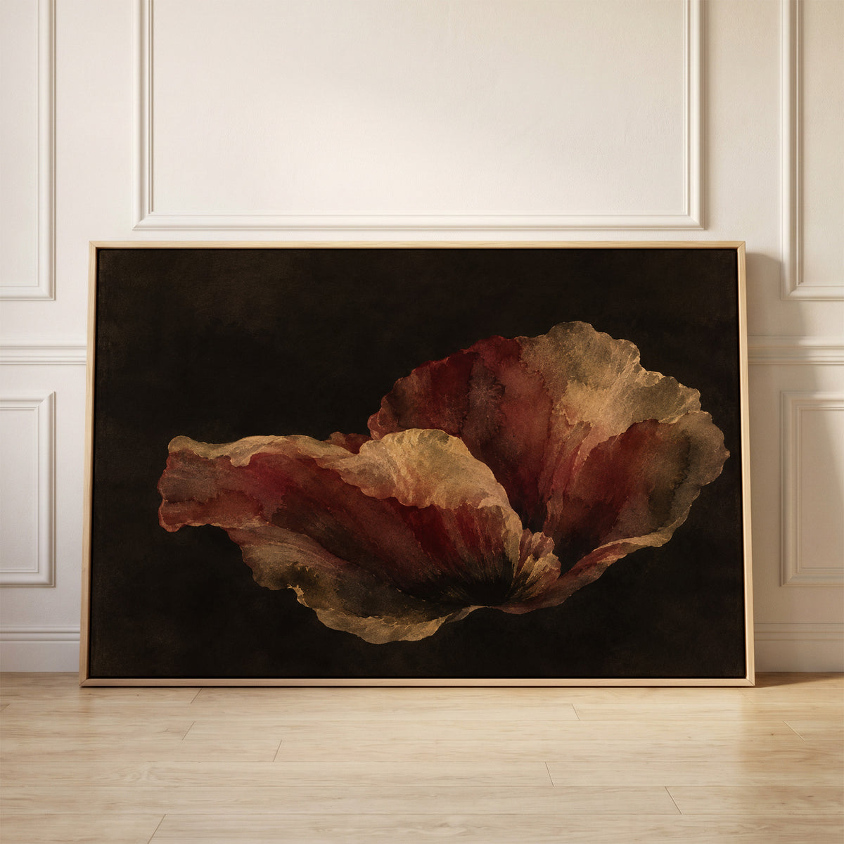 Single burgundy and gold poppy bloom floating on a near black background, canvas wall art