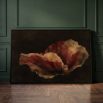 Black canvas wall art showing single burgundy and gold poppy bloom floating on a near black background